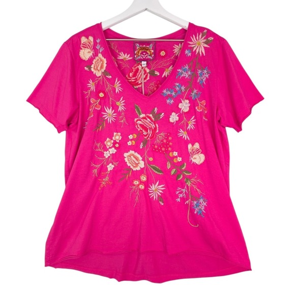 Johnny Was Tops - Johnny Was Catalina Everyday Tee Women L Cotton Pink Floral Embroidered V-Neck